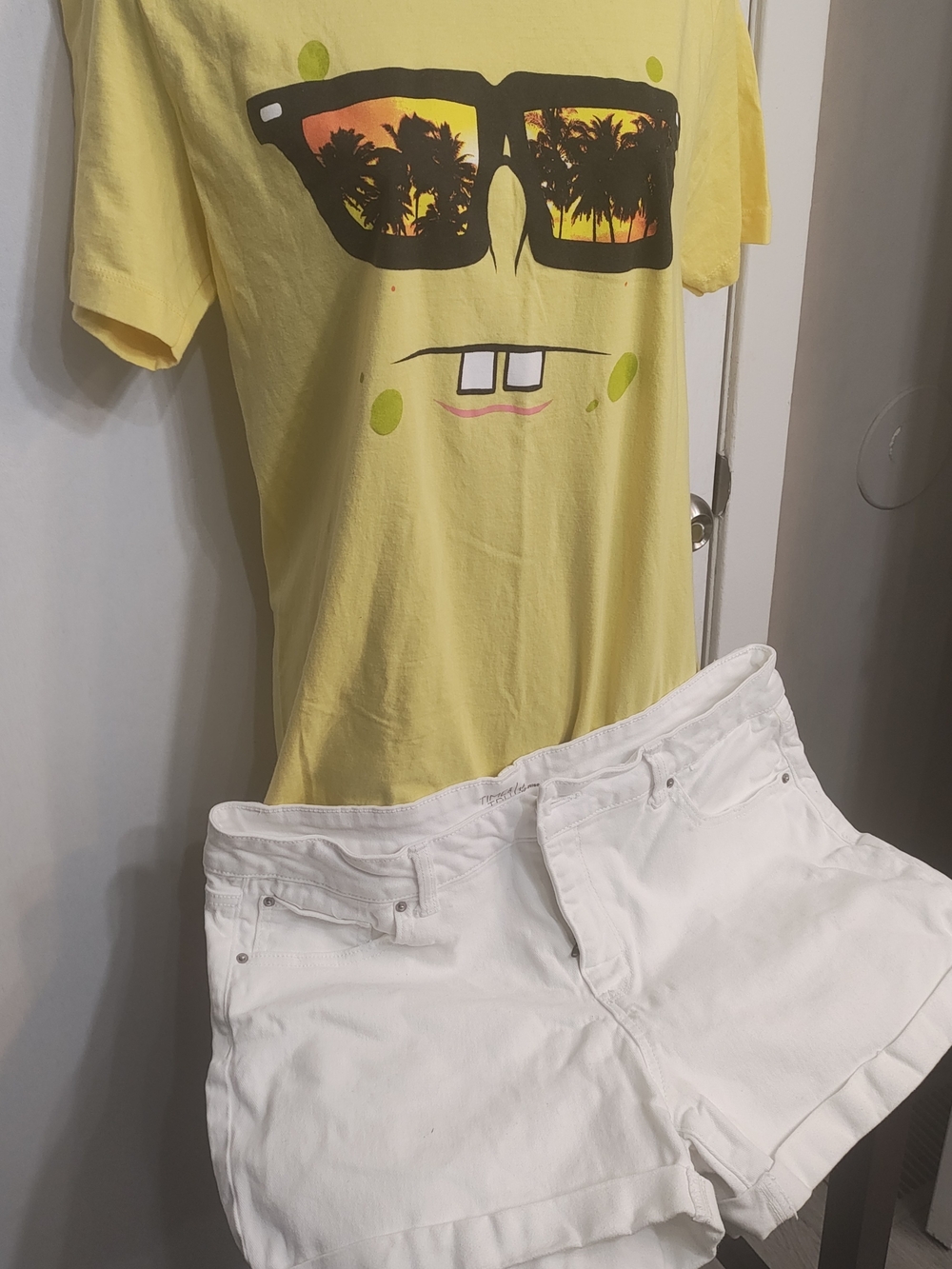 Yellow Graphic SpongeBob Tee with White Denim Shorts Set